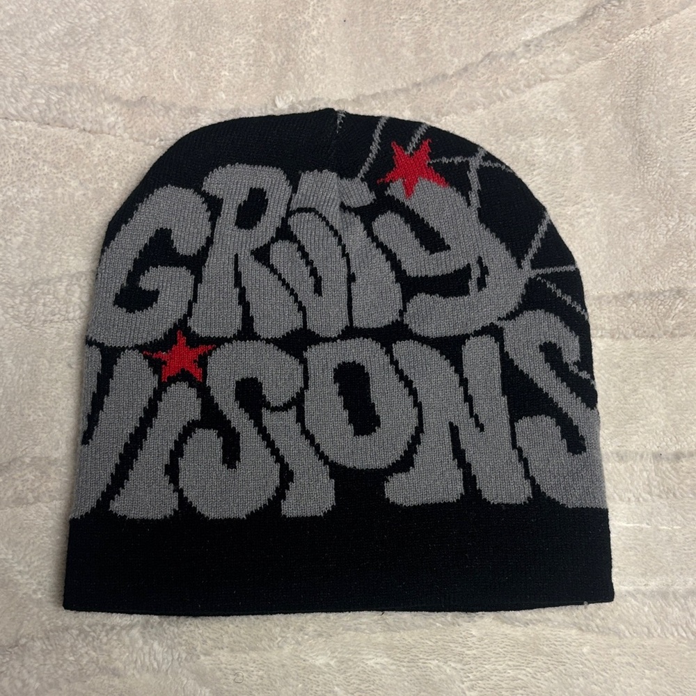 Graphic Knit Beanie with Grey Logo and Red Stars